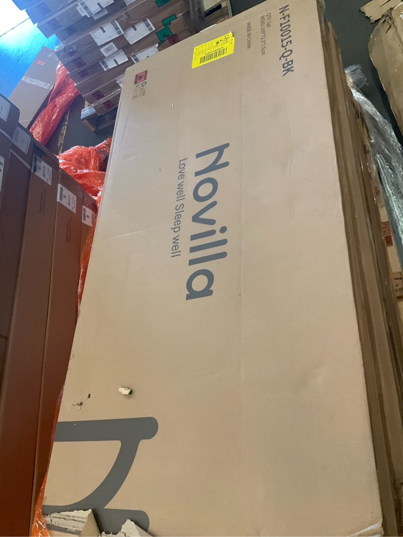 Condition photo showing New/Like New for novilla queen bed frame with headboard - 14 inch modern matte black metal platform bed frame heavy duty slats support, no box spring needed, noise-free