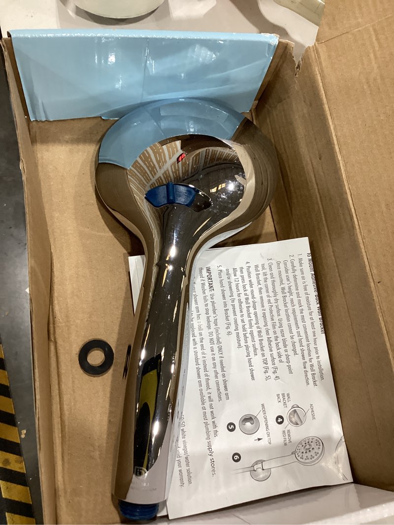 Condition photo showing Good Condition for aquacare high pressure 8-mode handheld shower head - anti-clog nozzles, built-in power wash to clean tub, tile & pets, extra long 6 ft. stainless steel hose, wall & overhead brackets 2.5 gallon per minute premium chrome