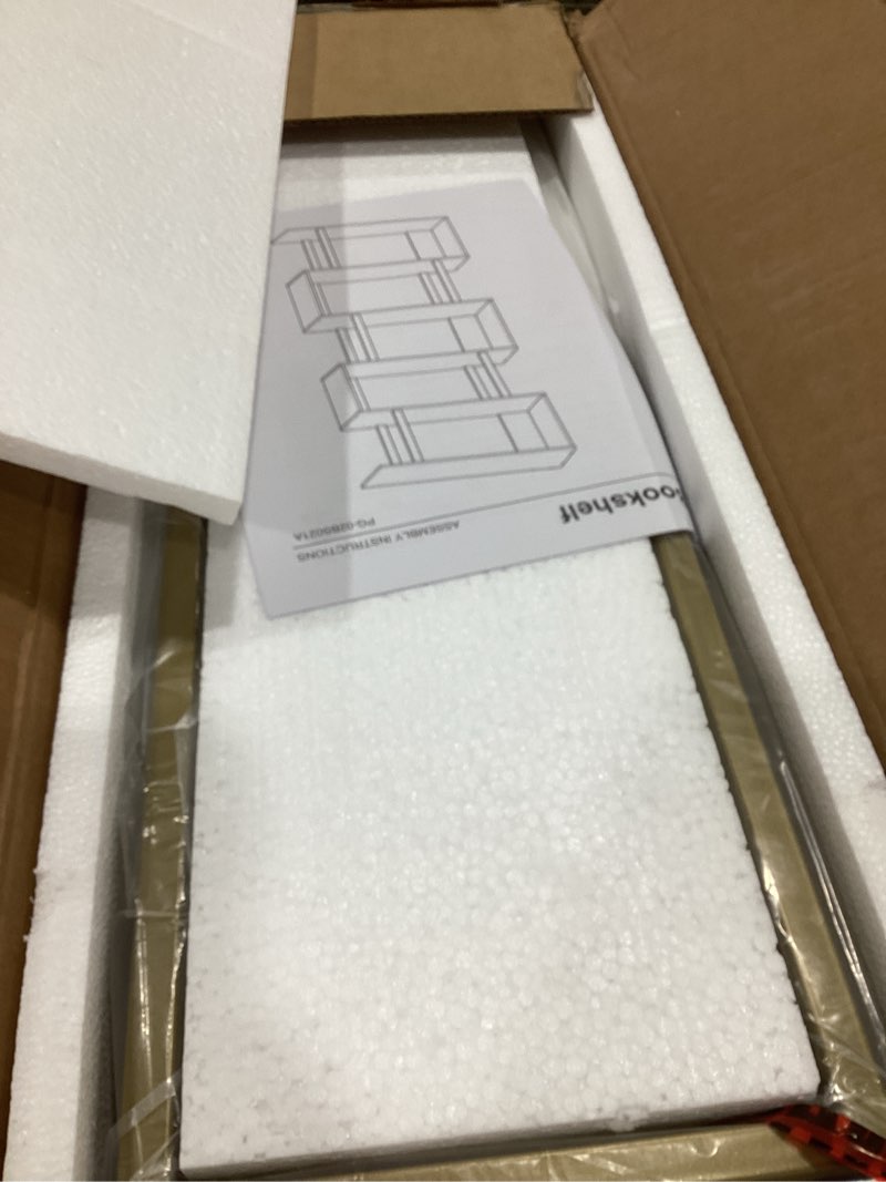 Condition photo showing Good Condition for Gadroad 5 Tier Geometric Bookcase,S Shaped Bookshelf, Wood Decorative Storage Shelving, Modern Freestanding Display Shelves, Tall Book Shelf Unit for Living Room Bedroom, Gold Gold 27.56"W x 62"H