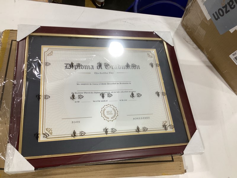 Condition photo showing New/Like New for 11x14 Diploma Frame with Black over Gold Mat, 14x17 Certificate Frame, Real Wood with Gold Trim, Mahogany Frame with Arcylic 11x14 with Black over Gold Mat Mahogany