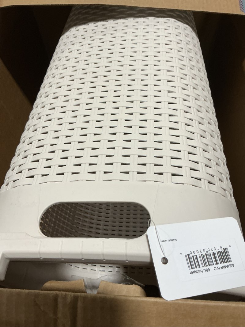 Condition photo showing Good Condition for Mind Reader Slim Laundry Hamper with Lid, 60L Clothes Basket, Premium Wicker Design, Plastic, Ivory