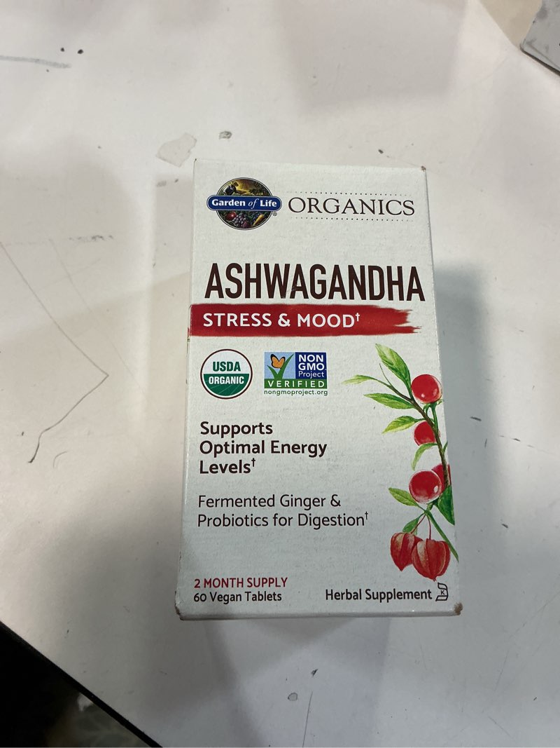 Condition photo showing New/Like New for (BB 3 / 2026) Garden of Life Organic Ashwagandha Supplement with Probiotics & Ginger - Stress, Mood & Energy Support, Vegan, Gluten Free, Non GMO, 2 Month Supply, 60 Tablets Unflavored 60 Count (Pack of 1)