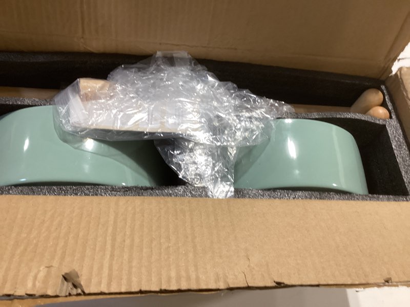 Condition photo showing As Is for Ceramic 8.2inch Raised Dog Bowl with Stand for Large- Breed Dogs, Pet Food and Water Feeder (Double Bowl with Stand - Light Green) Double Bowl with Stand - Light Green 8"D