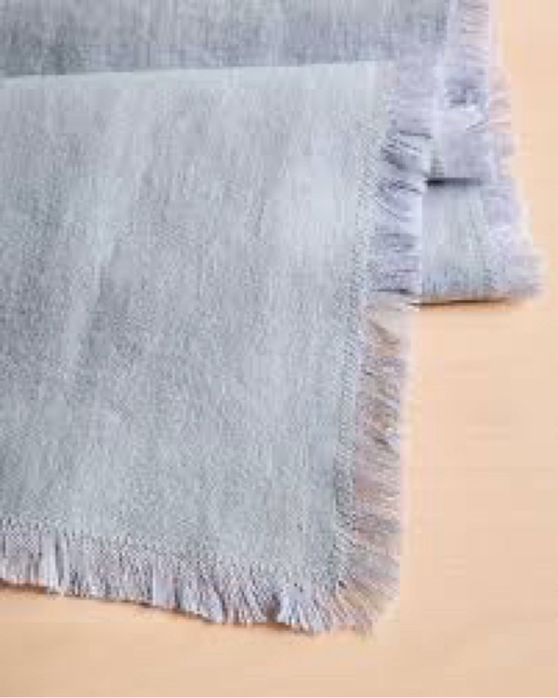 quince european linen fringe table runner blue fog  70’x108” 