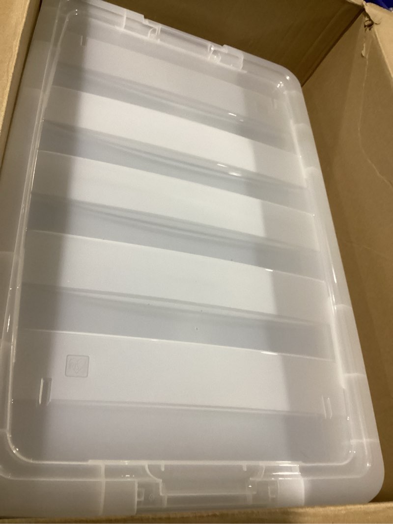 Condition photo showing As Is for IRIS USA 2-Pack Storage Bins with Lids, 72 Quart, Made in USA Stackable See-Through Organizing Solution Latches Durable Nestable Containers Secure Pull Handle, BPA-Free Plastic Clear 72 Qt 2 Pack