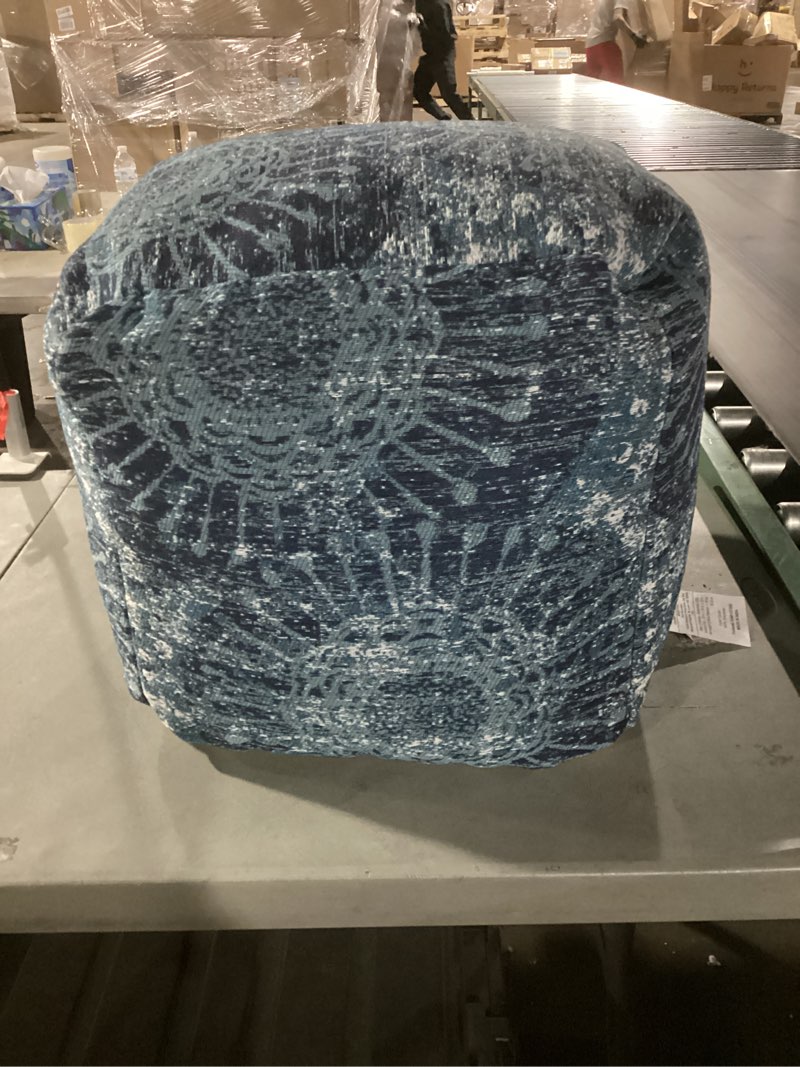 Condition photo showing As Is for signature design by ashley chevron handmade woven pouf 18 x 18, blue and white blue & white