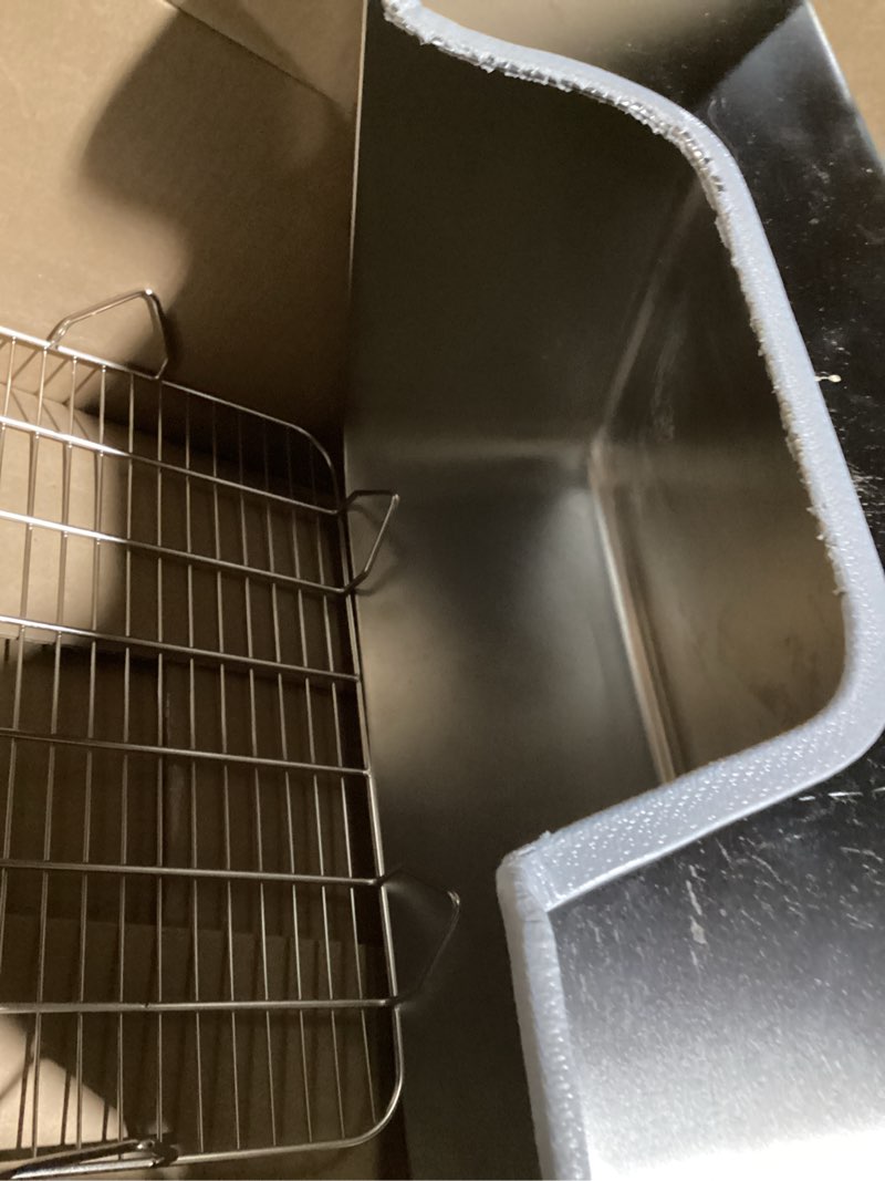 Condition photo showing As Is for (similar to)stainless steel cat litter box, 6in cat litter pan for cats and rabbits, metal litter box high sides nonstick odor control anti-corrosion 20\" l x 14\" w 6\" high