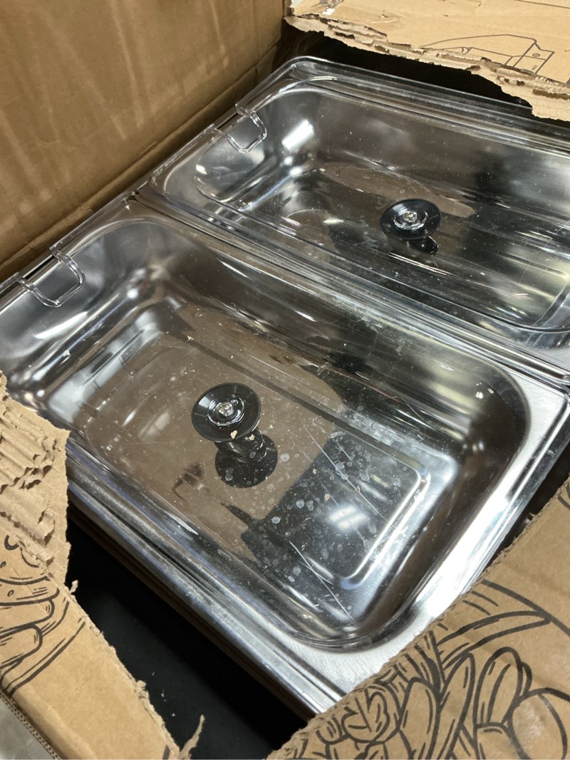 Condition photo showing As Is for Elite Gourmet EWM-6171 Triple 3 x 2.5 Qt. Trays, Buffet Server, Food Warmer Temperature Control, Clear Slotted Lids, Perfect for Parties, Entertaining & Holidays, 7.5 Qt Total, Stainless Steel 7.5 Quart