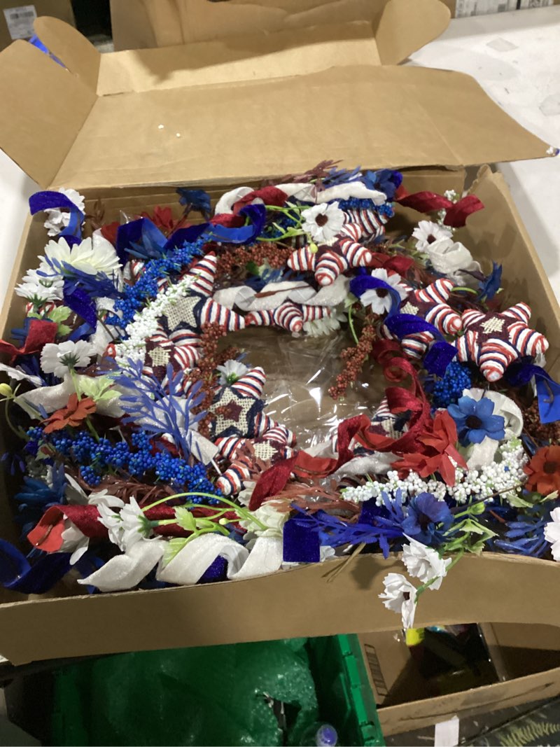 Condition photo showing Good Condition for 22 inch patriotic wreath with woven stars, 4th of july independence day memorial day front door decor with red white blue velvet spiral accents, grain stems, handmade outdoor patriotic wreaths