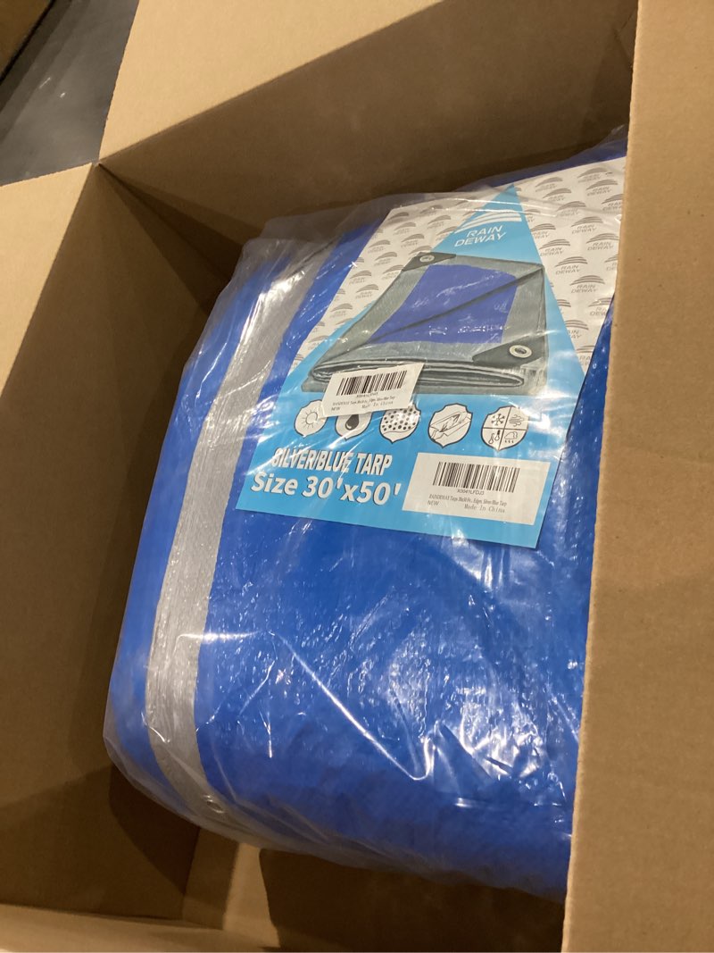 Condition photo showing Good Condition for RAINDEWAY Large Tarps 30x50 Feet, 5.5 Mil - Multipurpose Waterproof Poly Tarp Cover with Metal Grommets and Reinforced Edges, Silver/Blue Tarp Silver/Blue 30'×50'-Finished Size