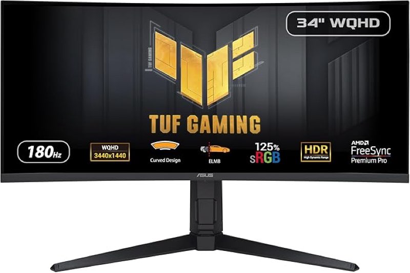 ASUS TUF Gaming 34” 1440P 1500R Curved Monitor (VG34VQL3A) - QHD (3440 x 1440), 180Hz, 1ms, Extreme Low Motion Blur, Freesync Premium Pro, 125% sRGB, DisplayHDR 400, Height Adjustable, 3 year warranty