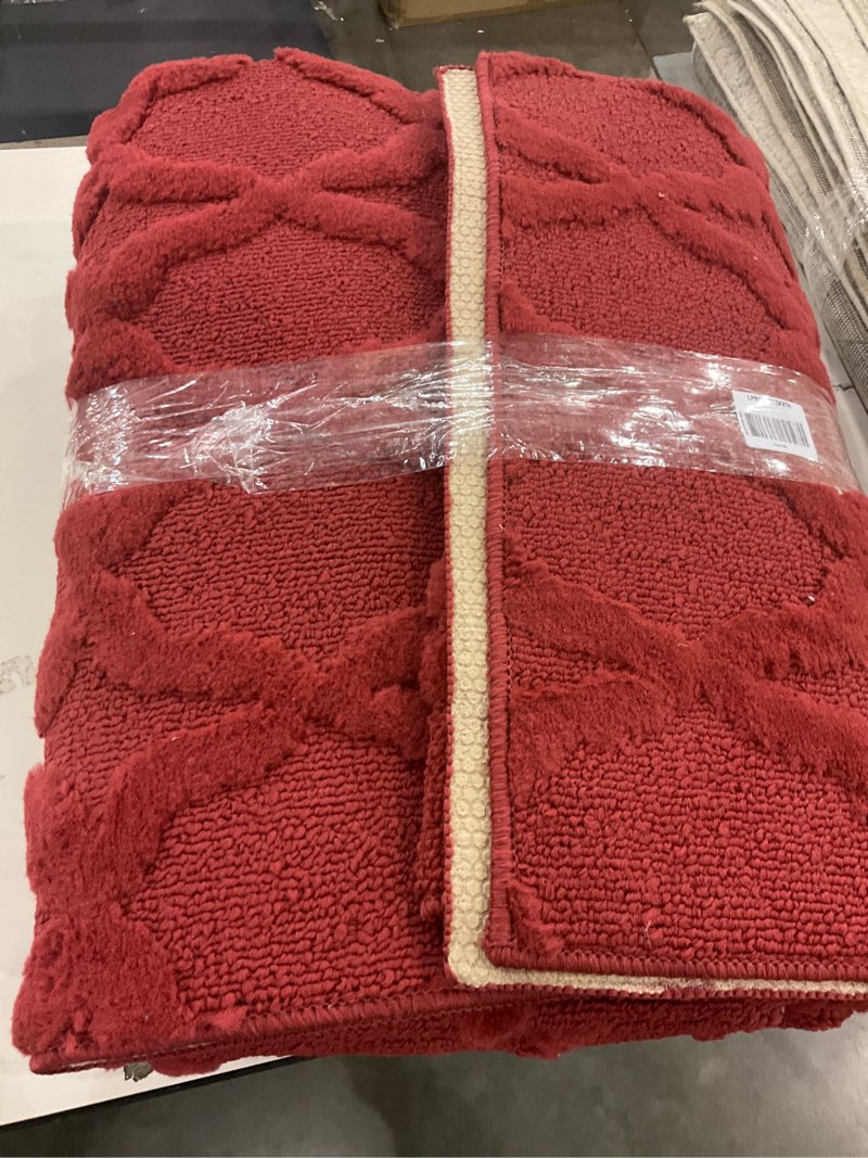 Condition photo showing As Is for Garland Rug Sparta Non Slip Polypropylene 3-Piece Set (5'x7', 3'x4', 24\"x60\") red Area Rug Set- Ideal for Living Rooms & Hallways, Stylish & Durable for High-Traffic Areas red 3-Piece Set
