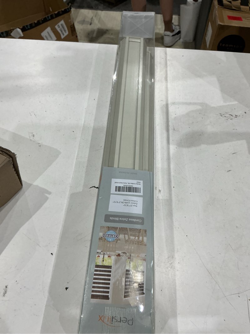 Condition photo showing As Is for persilux cordless zebra blinds for windows free-stop window shades (27" w x 72" h, cream) dual layer light control for day and night, light filtering sheer shades for home, easy to install 27"w x 72"h cream