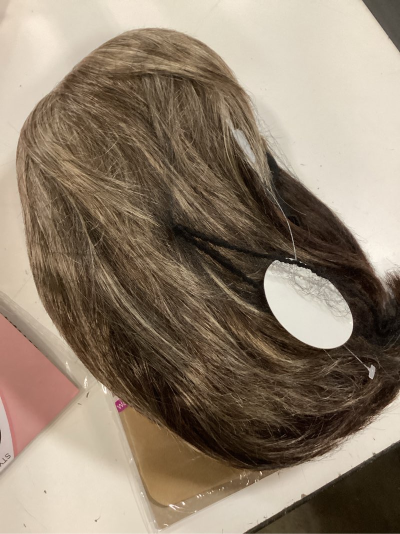 Condition photo showing Good Condition for tishining brown short hair wigs for white women brown mix blonde pixie cut wig with bangs brown with blonde highlights straight synthetic natural looking daily party wig brown mixed blonde