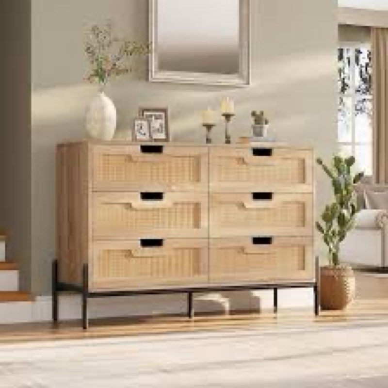 GAOMON Rattan Openwork Grip Chest of 6 Drawers for Bedroom, Wooden Chest of Drawers with Storage, Bo