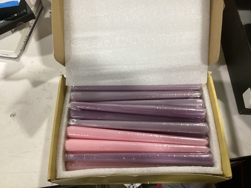 Condition photo showing New/Like New for viyffo 10 inch taper candles-20 pack pink & purple, unscented, smokeless–up to 8 hour burn – long tall tapered candlesticks for wedding, dinner, holiday, party, home decor natural color series 10"20pcs-gradient pink-purple
