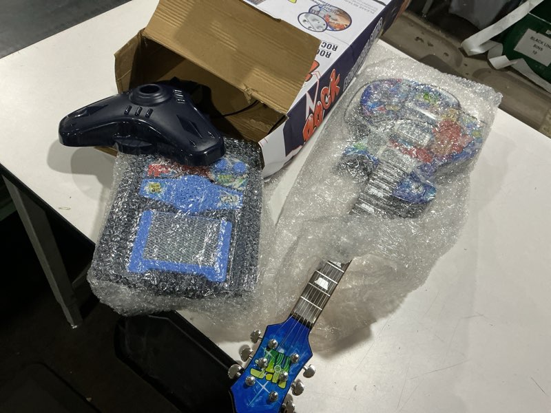 Condition photo showing As Is for deAO Kids Electric Musical Guitar Play Set,Adjustable Height Microphone,Amplifier Set with Stand, Musical Guitar Play Set,Microphone, Amp, AUX, Birthday for Kids Boys Girls (Blue)