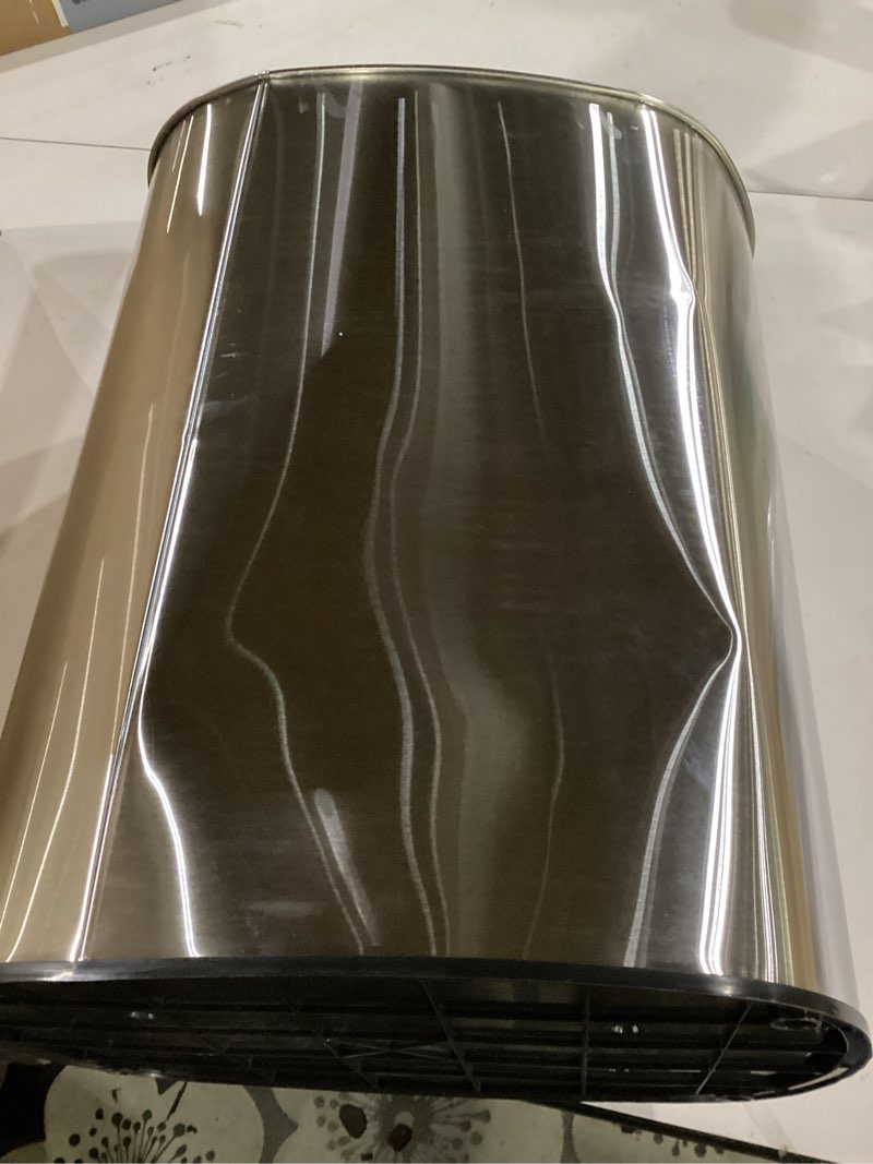 Condition photo showing As Is for not tested**** bestoffice | 13 gallon trash can with lid | automatic touchless garbage can | odor control | modern oval design | easy to clean | stainless steel | fits any kitchen, bathroom, office or home stainless steel stainless steel