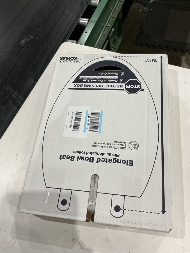 Condition photo showing New/Like New for kohler k-20110-0 brevia elongated toilet seat with grip-tight bumpers, quiet-close seat, quick-attach hardware, white