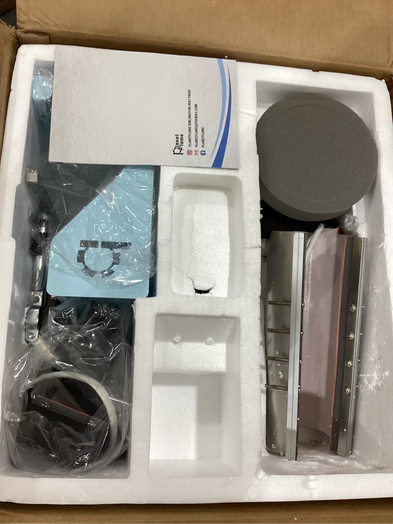 Condition photo showing Good Condition for planetflame heat press machine 12x15 inch, 360° swing away 5 in 1 heat transfer machine, multifunctional heat transfer press machine with 30oz tumbler attachment for hat/plate/t-shirt/mug, blue