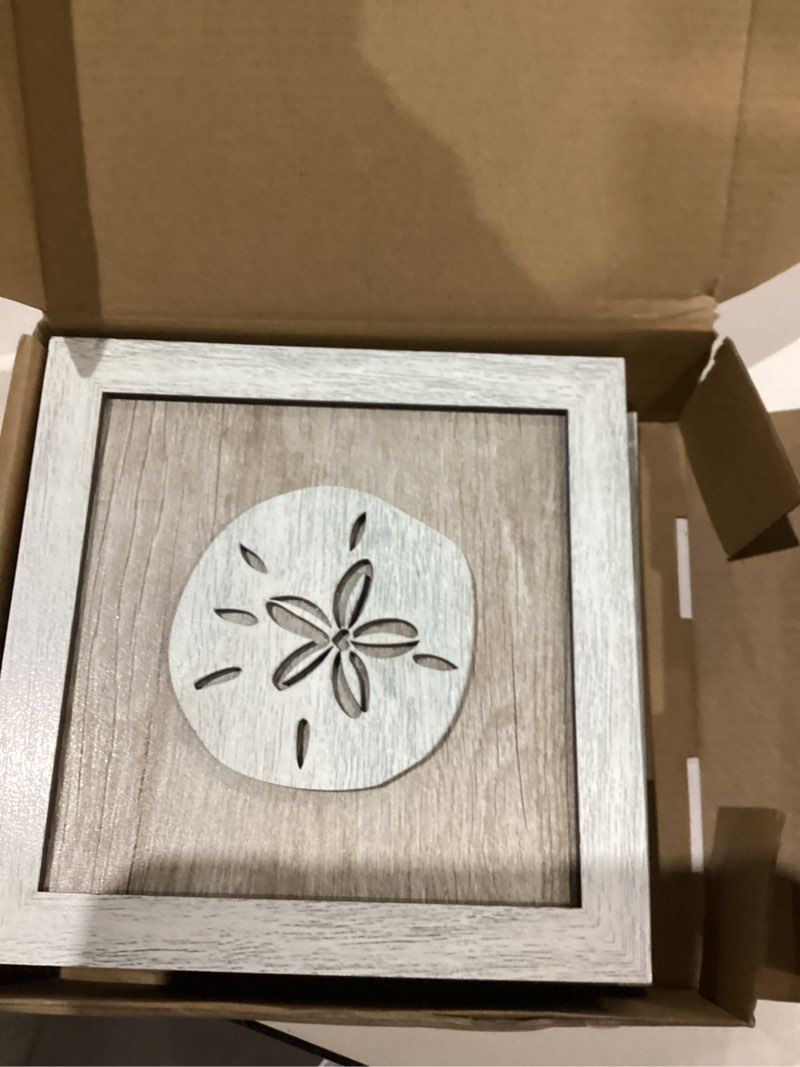 Condition photo showing As Is for Novabright Framed Set of 4 Rustic Beach wall decor wood Disdressed Seashells and Starfish Coastal 3D Wall Art nautical coastal grandma decor for Bathroom Bedroom Beach House