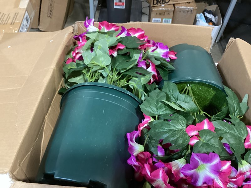 Condition photo showing As Is for martine mall artificial flowers for outdoors, 2 potted realistic fake outdoor flowers, uv resistant silk petunia flower for outside look real faux flower plants in pot for porch garden decor, 20'' fuchsia, rose red 2 pot