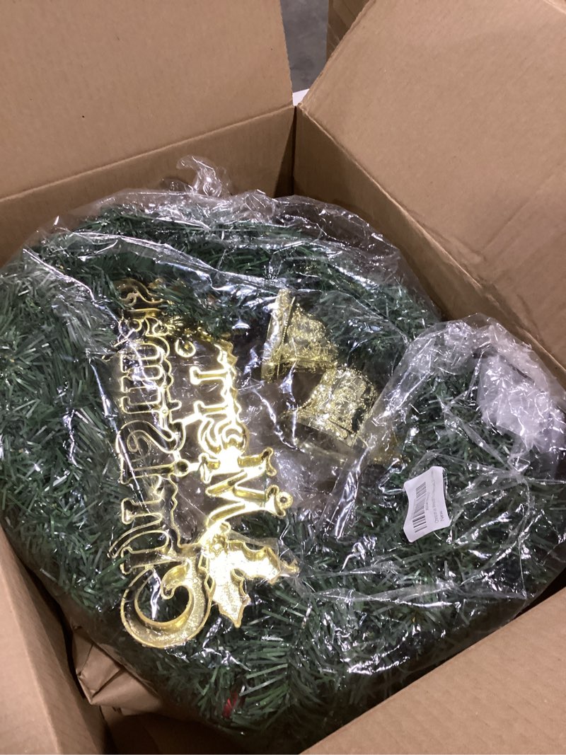 Condition photo showing As Is for Christmas Wreaths for Front Door, Pre-Lit Artificial Christmas Wreath Decorated with Pine Branches, Golden Bells, Christmas Balls, and Gift Decorations for Front Door Wall Windows, 16 Inches Golden Bells,16 Inches