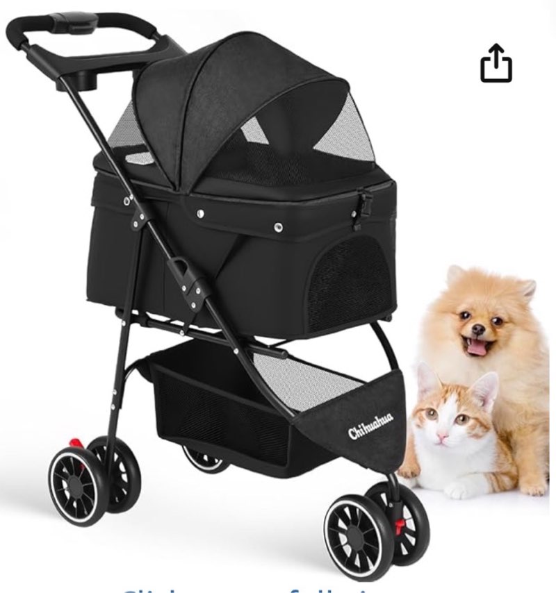  pet stroller,dog stroller for small medium dogs cats,3 wheels,foldable,with breathable mesh canopy,cup holders,easy assembly,black