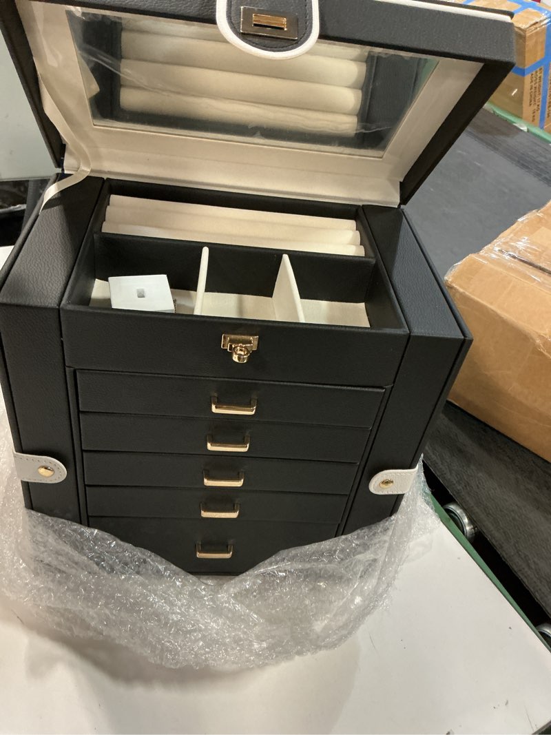 Condition photo showing Good Condition for KAMIER Jewelry Box for Women, 6-Layer Large Jewelry Organizer Box with Mirror & 5 Drawers for Rings, Earrings, Necklaces, Bracelets,Black