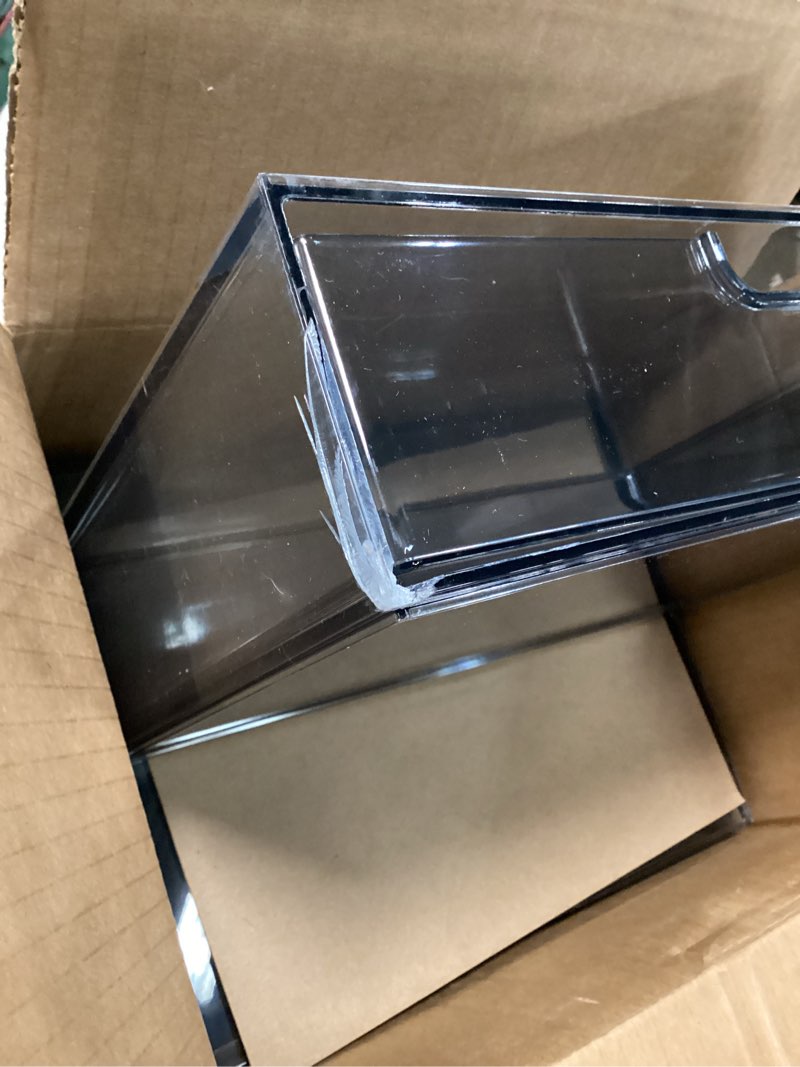 Condition photo showing As Is for stori stax plastic stackable organizer drawers (set of 2) classic grey | 12.5" wide | set includes two open drawer | organize office desk accessories & sort paper | made in usa grey open/open 2pk