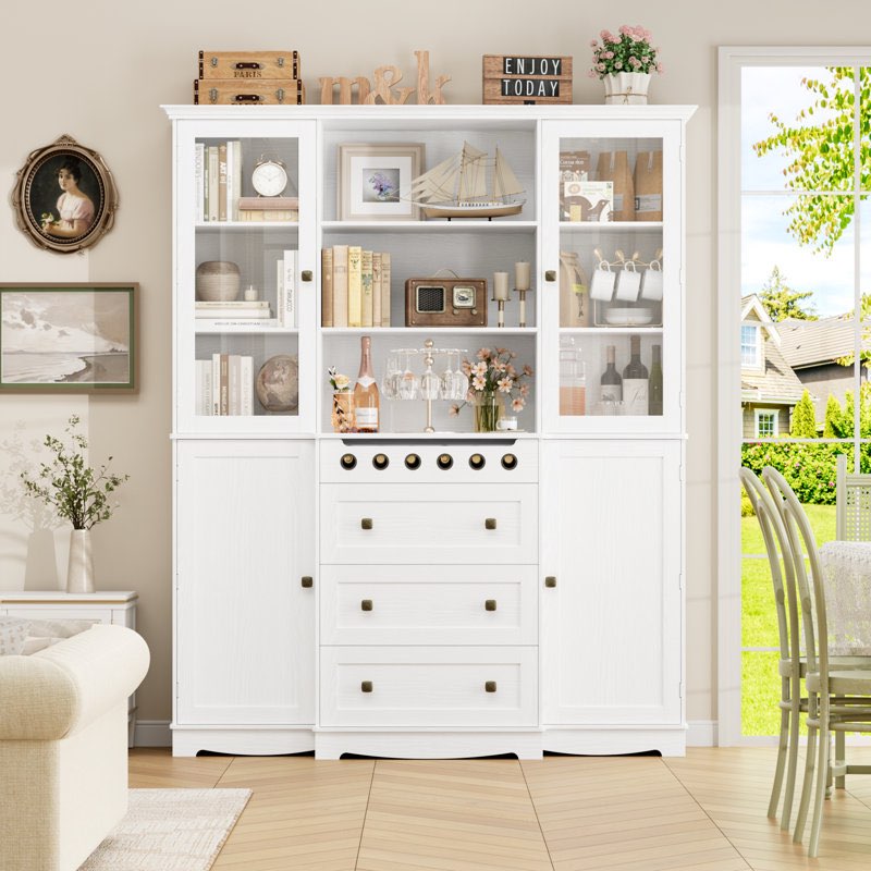 Incomplete box 1 of 2) Kirklyn 72\\\"H X 59\\\"W Wooden Pantry Cabinet with Wine Rack And 3 Drawers, Wine Cabinet with Glass Door gray 