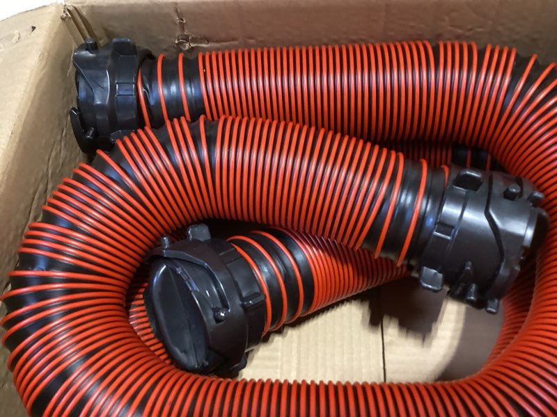 Condition photo showing As Is for valterra ez coupler 20-foot rv sewer hose kit for rv camper, includes 2 attachable 10-foot hoses with rotating fittings and 90 degree clearview sewer adapter 20 ft kit missing parts