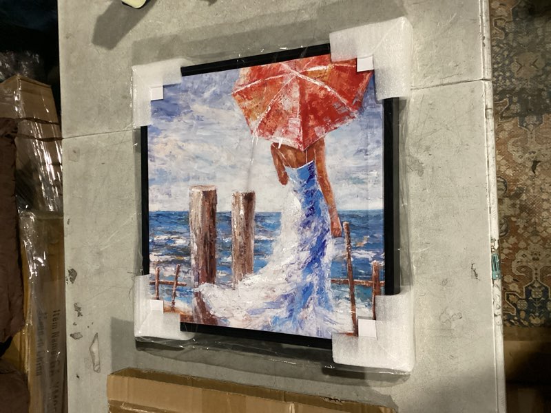 Condition photo showing Good Condition for ndcskyart coastal canvas wall art - beautiful lady with red umbrella and seawaves beach painting 16"l x 16"w lady beach art