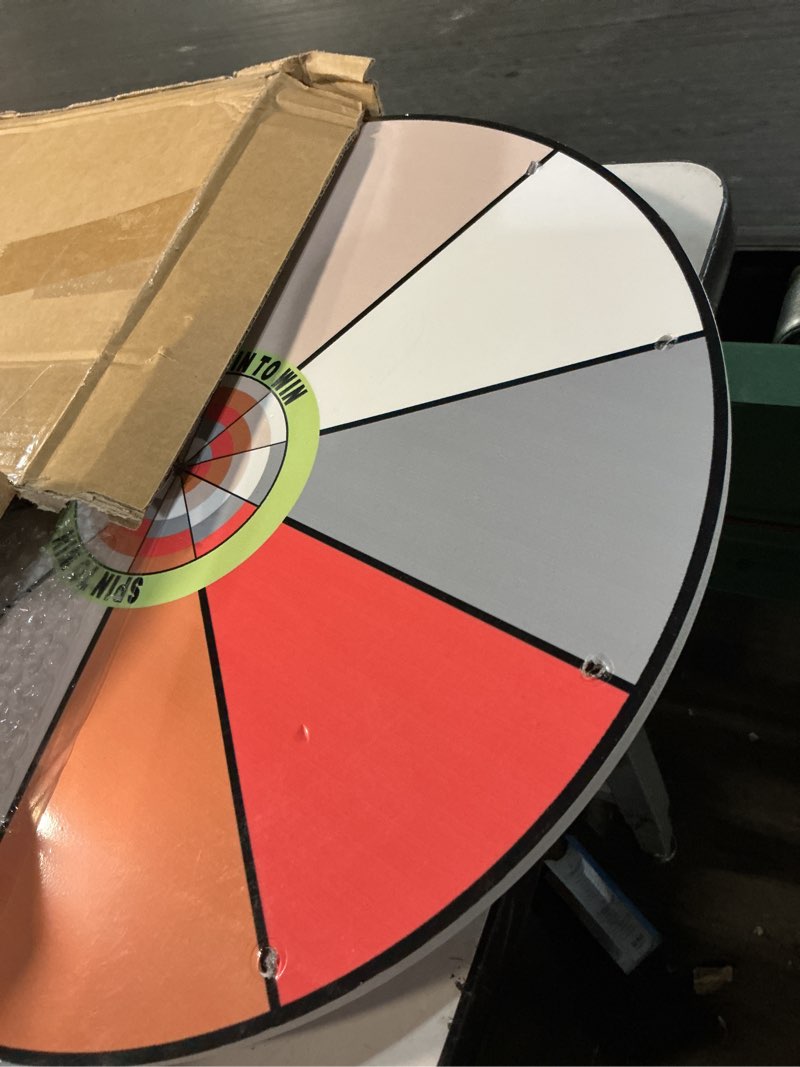 Condition photo showing As Is for iobiotio spinning prize wheel, 16 inch prize wheel-spinning with stand, 10 slots tabletop roulette spinner, heavy duty base, easy assembly, include marker & eraser, erasable surface (not a toy) 16 inch - 10 slot orange
