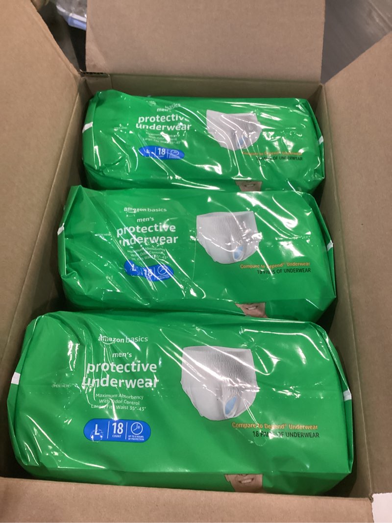 Condition photo showing New/Like New for Amazon Basics Incontinence Underwear for Men, Maximum Absorbency, Large, 54 Count (3 Packs of 18) Large 54.0