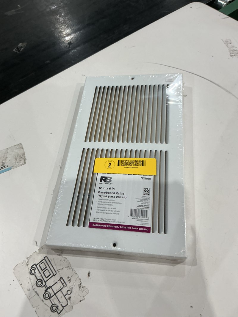 Condition photo showing As Is for reliabilt 12-in x 6-in steel white baseboard grille (outside width- 13.57-in)
