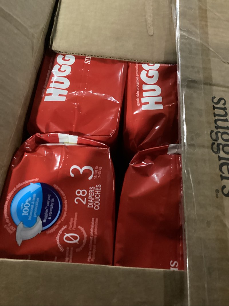 Condition photo showing New/Like New for huggies size 3 diapers, little snugglers baby diapers, size 3 (16-28 lbs), 168 count (6 packs of 28), packaging may vary