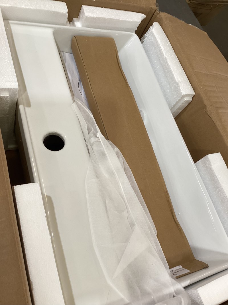 Condition photo showing New/Like New for 21x12 inch wall mounted vessel sink with gold faucet and drain combo, white ceramic rectangle bathroom vanity basin, modern floating lavatory for small bathroom gold-wall mounted 21''x12''