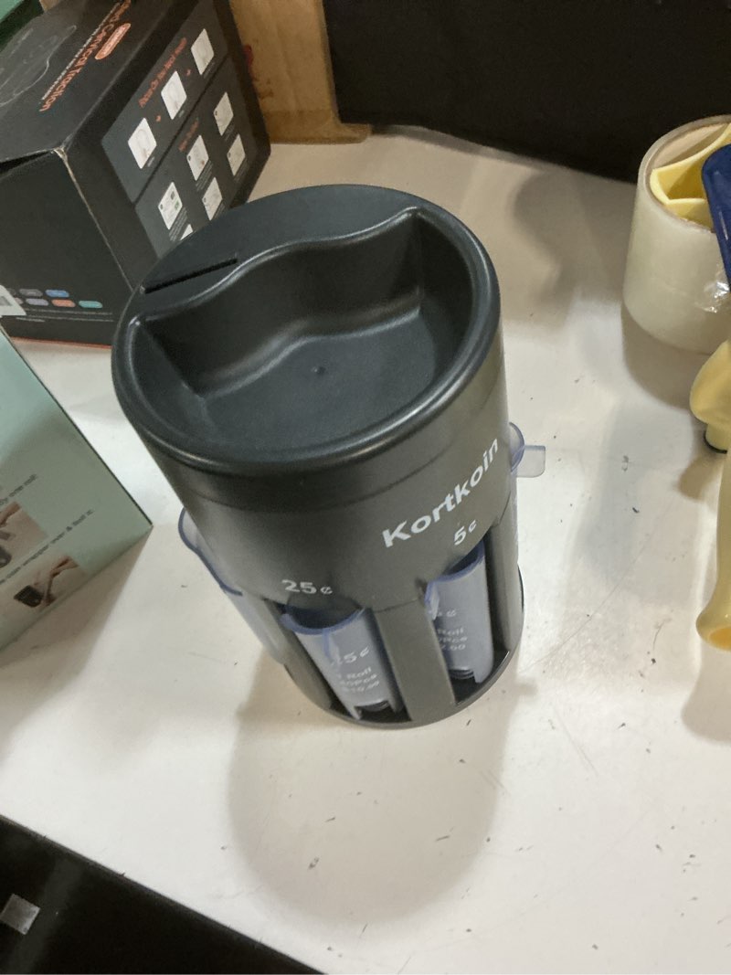 Condition photo showing Good Condition for automatic coin sorter 5-in-1 coin counter with coin wrappers, empty piggy bank coin holder jar quickly & accurate as change sorter machine, widely used at home, office & store. easy to use