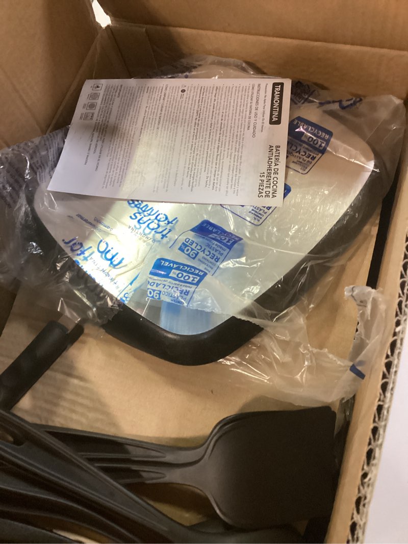 Condition photo showing As Is for tramontina primaware 15-piece non stick cookware set with lids and utensils, aluminum nonstick pots and pans kitchen set (storm)