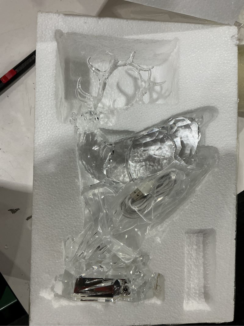 Condition photo showing New/Like New for 11.8" Tall White Acrylic Christmas Reindeer Figurines with LED Light, Large Deer Statues Sculpture Tabletop Ornaments for Cabinet Mantel Shelves Fireplace Home Décor Accents Collectible Gift Figurines