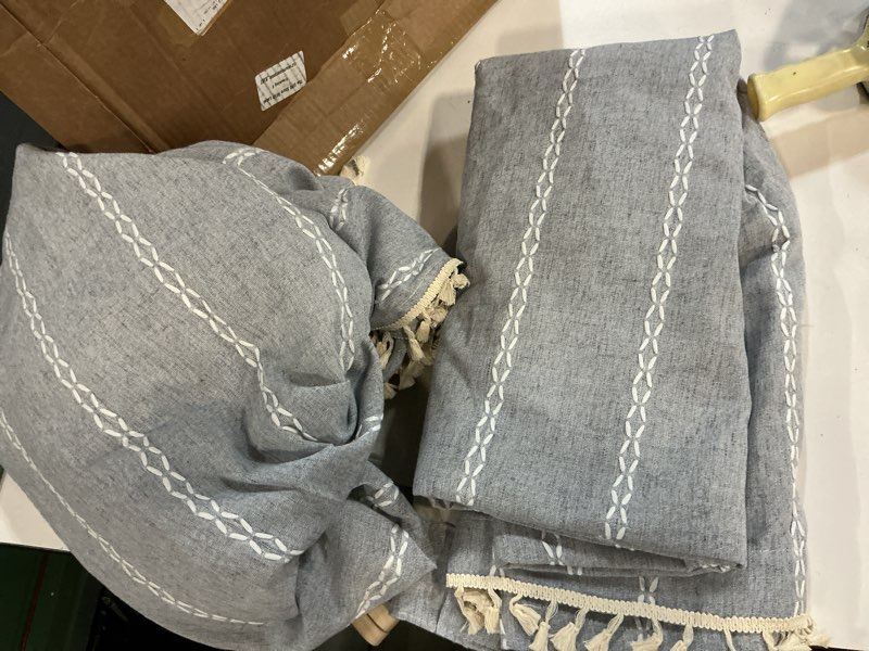 Condition photo showing As Is for ColorBird Boho Curtains 84 inch Length 2 Panels Sets Farmhouse Blue Linen Boho Striped Room Darkening Drapes, Embroidered Window Vintage Bohemian Curtains for Living Room Bedroom