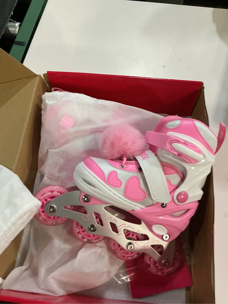Condition photo showing As Is for sulifeel love hearts 4 size adjustable kids inline skates for girls with fluffy pom light up wheels ages 3-12 girls birthday gift for indoor outdoor sports pink small - little kid