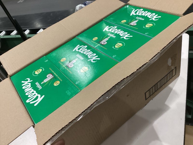 Condition photo showing New/Like New for kleenex lotion facial tissues with coconut oil, 8 flat boxes, 180 tissues per box, 3-ply white 180 tissues (pack of 8)
