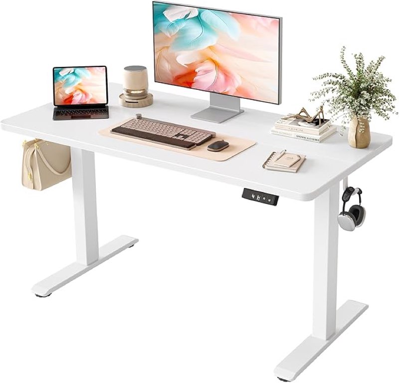 TIQLAB Electric Standing Desk,47 * 24 Inches Adjustable Height Stand up Desk, Sit Stand Home Office Table with Splice Board, White