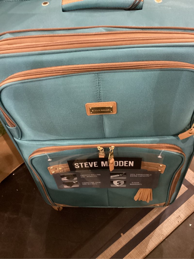 Steve Madden Designer Luggage - Checked Large 28 Inch Softside Suitcase - Expandable for Extra Packing Capacity - Lightweight Bag with Rolling Spinner Wheels (Harlo Teal Blue)