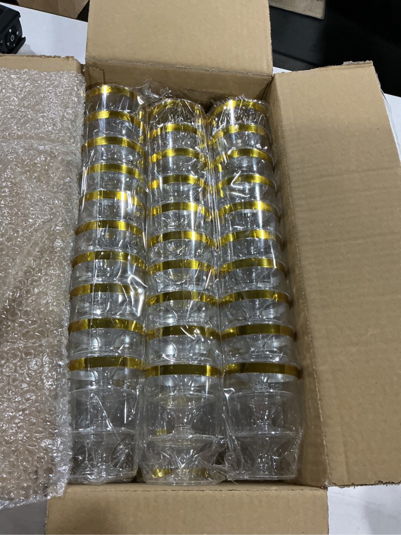 Condition photo showing Good Condition for di qiu ren 120 pcs 5oz dessert cups with gold rim and golden spoon, plastic dessert parfait cup clear appetizer pudding cup, round serving goblet cups shot glasse (round goblet with gold rim-60pack)