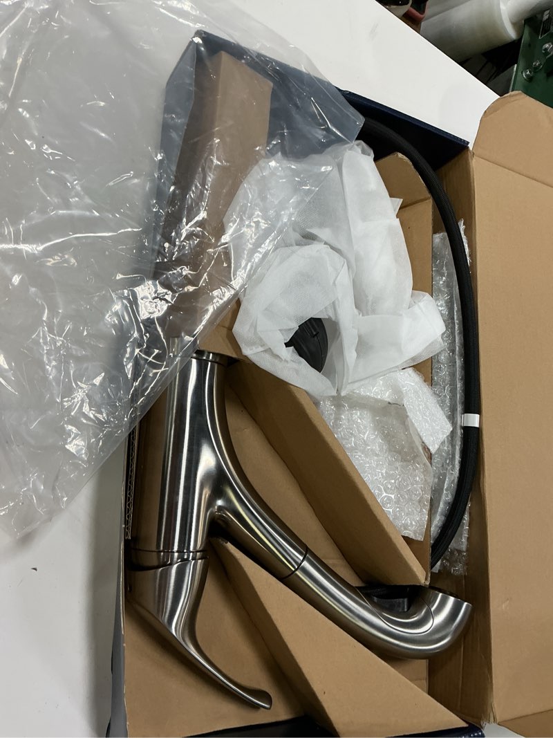 Condition photo showing As Is for project source everfield stainless steel single handle deck-mount pull-out kitchen faucet with sprayer (includes deck plate)