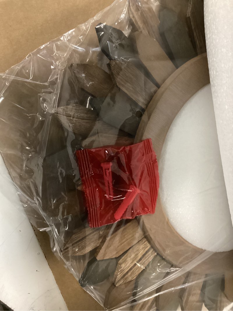 Condition photo showing As Is for Honiway 14 Inch Wall Clocks Battery Operated Silent Non Ticking Rustic Wood Boho Sunburst Decorative Wall Clock for Living Room Kitchen Bedroom Farmhouse Office Decor (Tricolor-Roman Numerals)