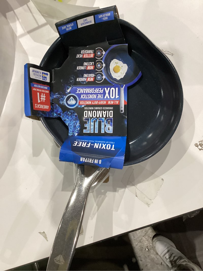 Condition photo showing Good Condition for Blue Diamond 8 Inch Nonstick Frying Pan, PFAS Free Ceramic Egg and Omelette Pan, Diamond Infused Nonstick Skillet, Dishwasher & Oven Safe, Durable, Non Toxic, Metal Utensil Safe, Blue 8" Frying Pan Skillet Blue